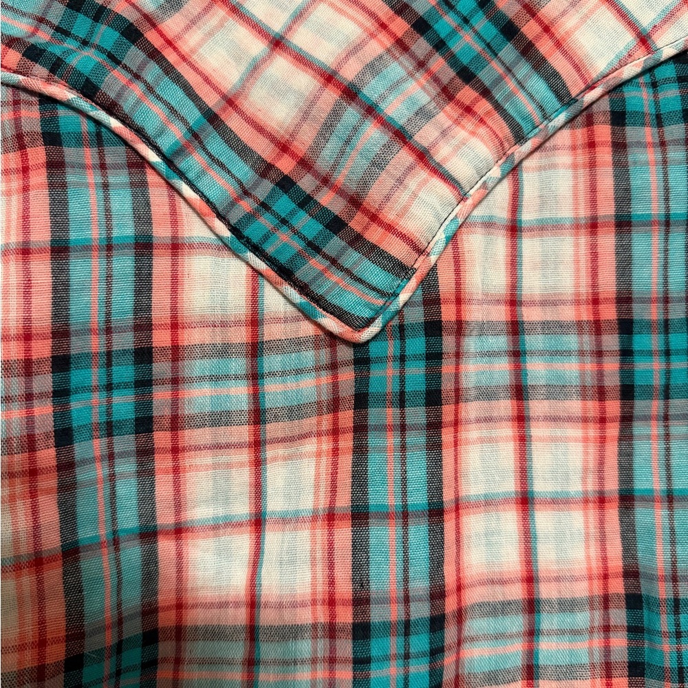 Vintage Wrangler Western Women’s Plaid Shirt - Orange and Blue - Picture 3 of 5